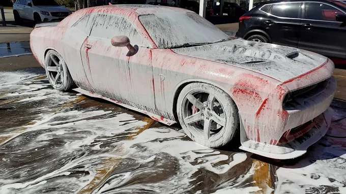 Foam wash on Dodge Challenger at hand wash detail center